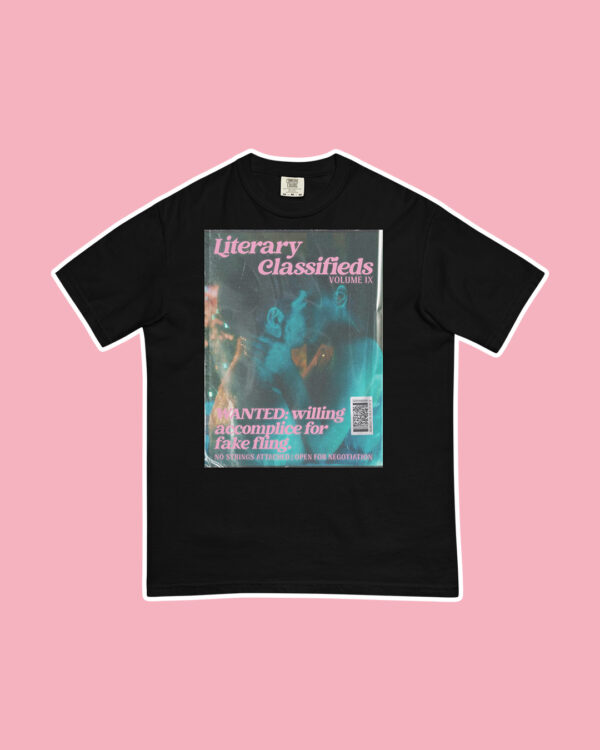 fake dating literary classifieds faux magazine cover on back tee shirt against pink background